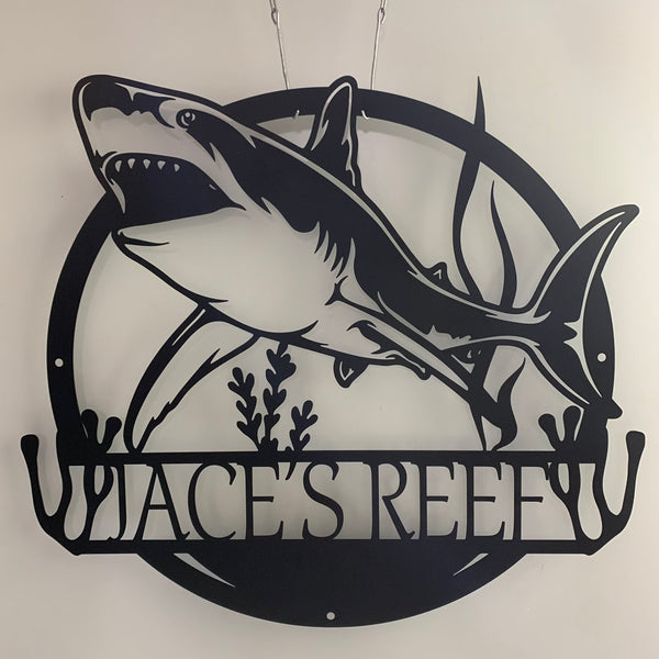 Custom Shark Monogram Metal Wall Art, Personalized Shark Seaweed Metal Name Sign, Sea Animal Shark Metal Wall Art Decor