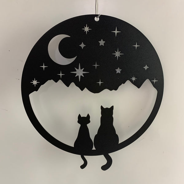 Couple Black Cat Metal Wall Art, Couple Cats Sitting Under The Sky Night Metal Wall Sign, Couple Cat Metal Wall Sign, Cat Lover Metal Room Sign