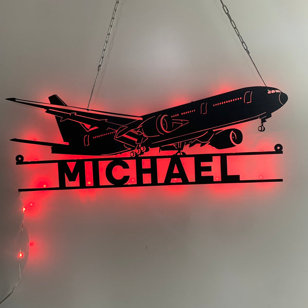 Custom Airplane Metal Wall Art With Led Light, Aircraft Hangar Metal Wall Led Decor, Personalized Pilot Metal Name Sign, Aeroplane Mancave Sign