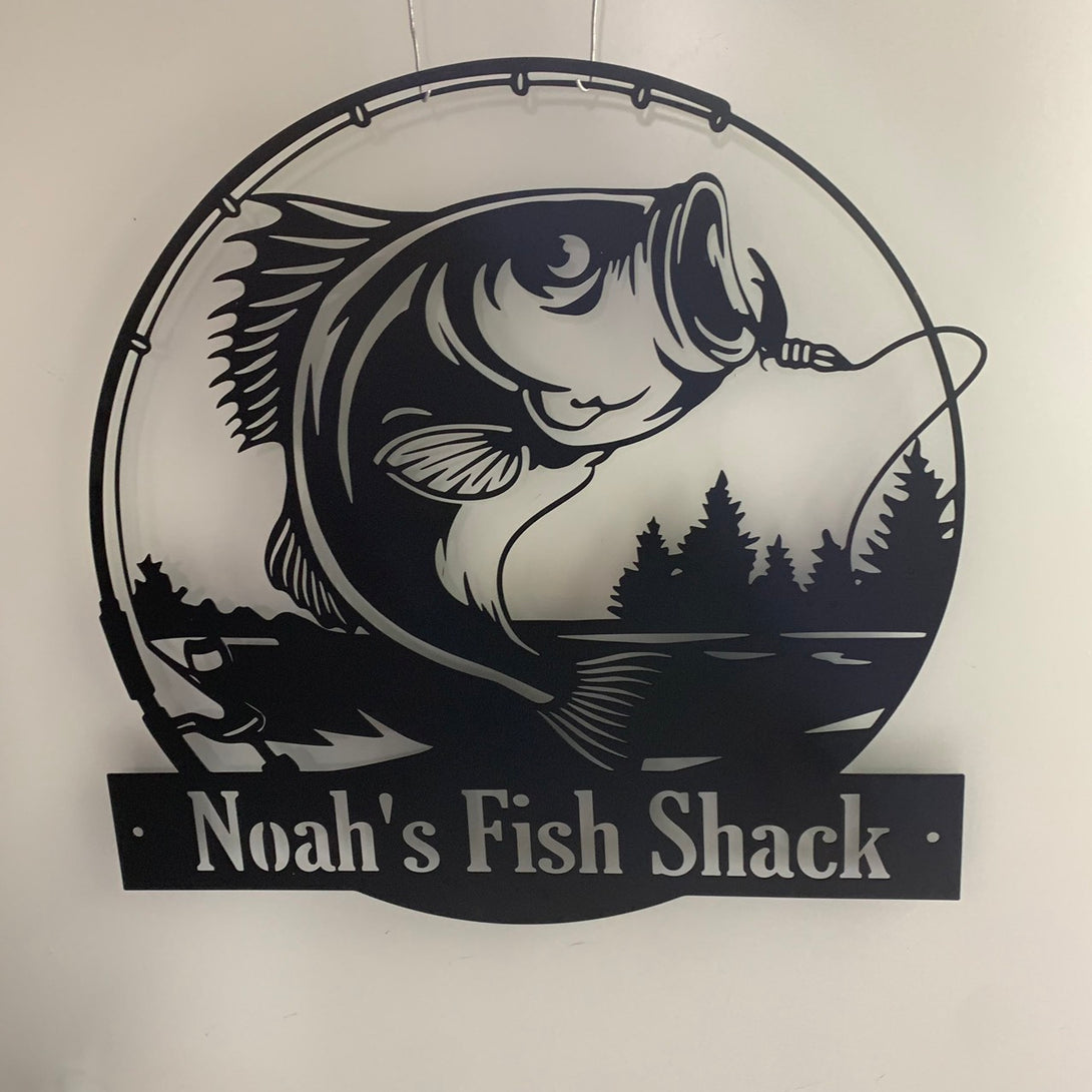 Custom Bass Fishing Lake House Metal Sign, Fishing Hole Metal Wall Art, Personalized Bass Fishing Metal Name Sign, Cabin Lake House Metal Sign