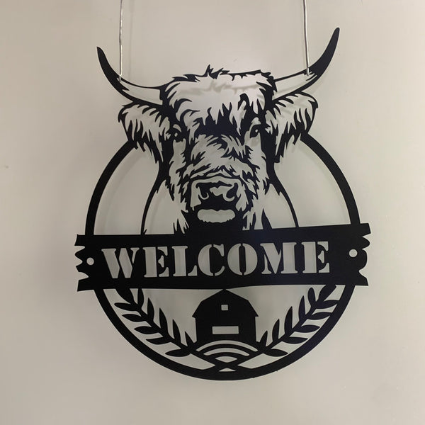 Custom Highland Cow Monogram Metal Wall Art, Personalized Highland Cow Metal Signs, Highland Cow Welcome Sign, Cattle Farmhouse Metal Wall Hanging
