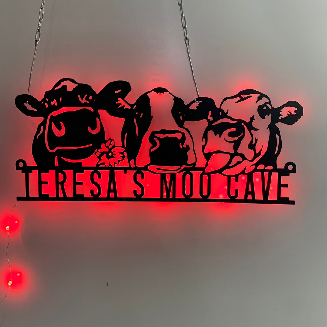 Custom Peeking Cow Farmhouse Metal Wall Art Led Light, Personalized Funny Calf Farm Metal Name Sign, Cow Cattle Heifer Barn Metal Led Sign