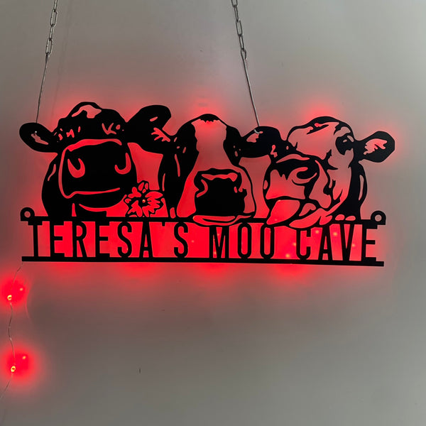 Custom Peeking Cow Farmhouse Metal Wall Art Led Light, Personalized Funny Calf Farm Metal Name Sign, Cow Cattle Heifer Barn Metal Led Sign