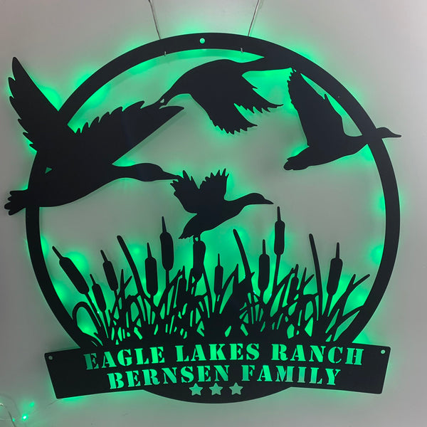 Custom Fly Duck Metal Wall Art Led Light, Personalized Mallard Duck Hunter Metal Name Sign, Mallard Duck Landing Cabin Metal Wall Sign