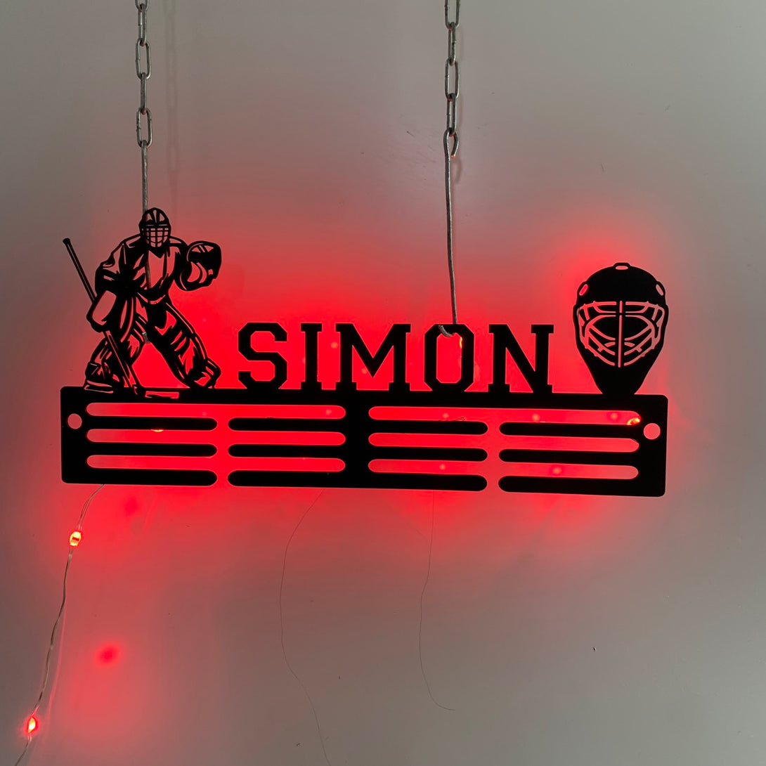 Custom Name Hockey Goalie Medal Hanger With Led Lights, Hockey Medal Holder Display Rack For Awards And Ribbons, Hockey Sport Tiered Award Rack
