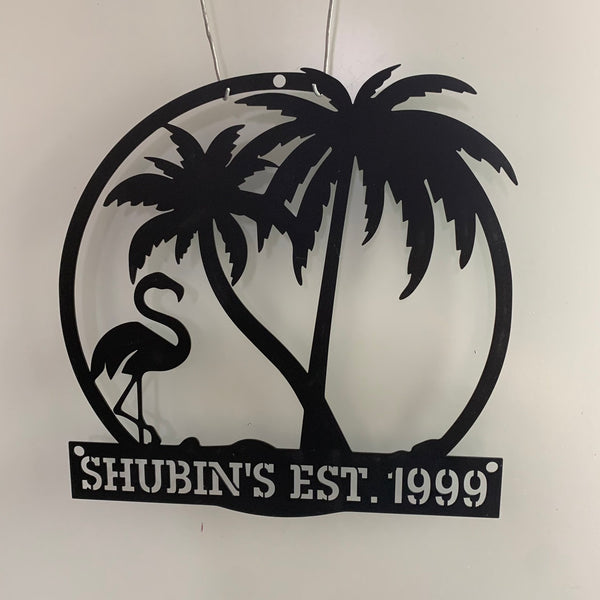 Custom Palm Tree Beach House Metal Sign, Personalized Beach Hosue Metal Name Sign, Palm Tree Flamingo Backyard Patio Metal Sign