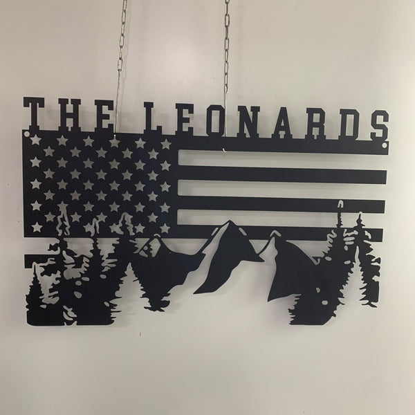 Custom American Flag With Mountain Scene Metal Sign, Us Flag Mountains Nature Scene Metal Wall Art, Us Flag Address Family Name Metal Wall Sign