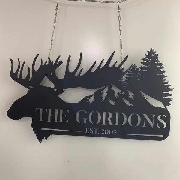 Custom Mountain Moose Metal Wall Art, Personalized Moose Hunter Metal Family Name Sign, Mountain Moose Cabin Man Cave Metal Sign