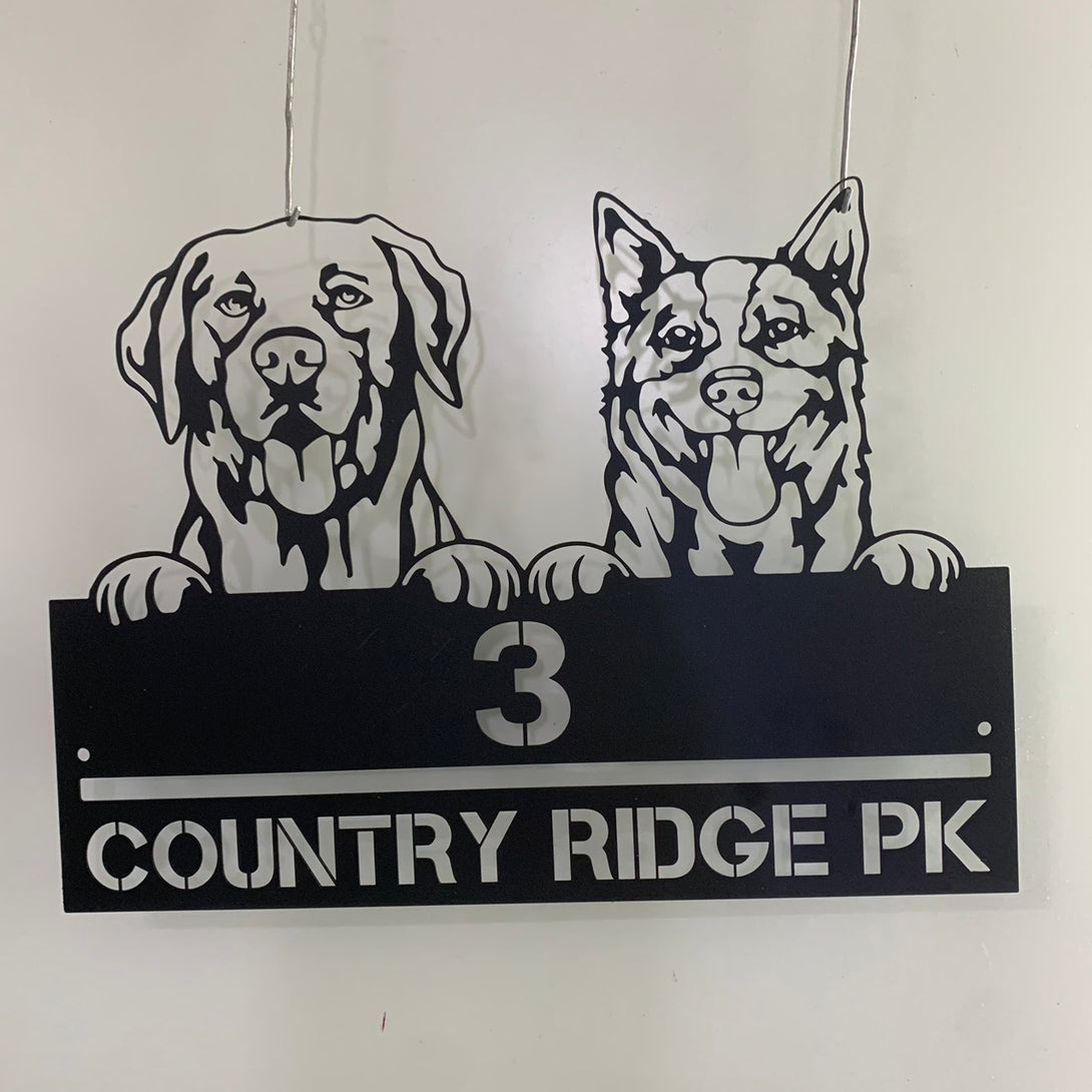 Personalized Red Heeler And Labrador Dogs Metal Sign, Custom Dog Metal Address House Number Wall Hanging, Custom Dog Metal Front Porch Sign