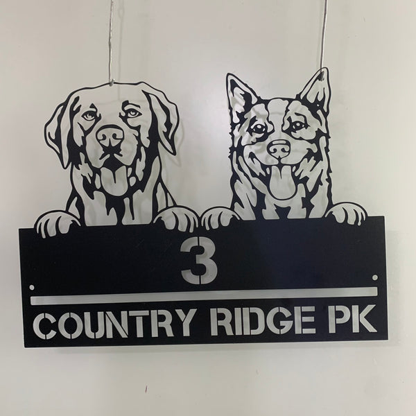 Personalized Red Heeler And Labrador Dogs Metal Sign, Custom Dog Metal Address House Number Wall Hanging, Custom Dog Metal Front Porch Sign