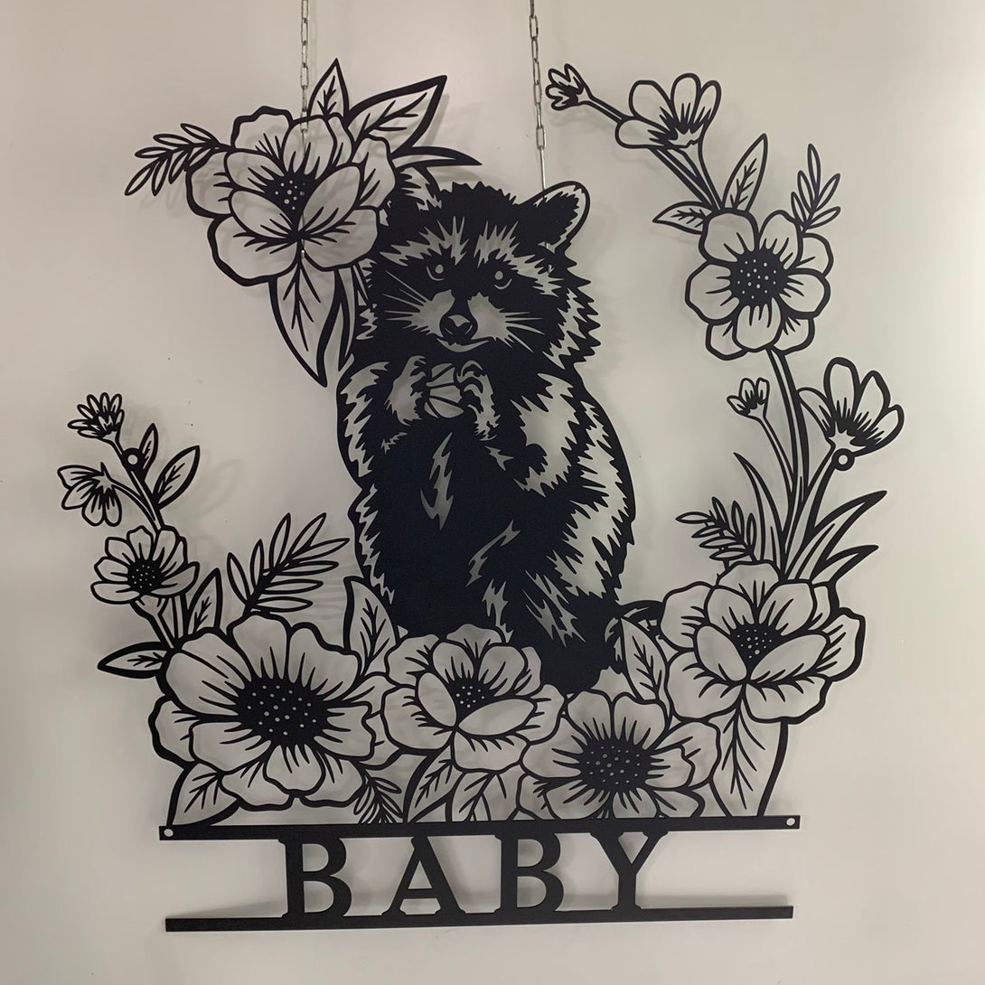 Personalized Floral Raccoon Metal Name Sign, Custom Raccoon Metal Wall Art, Raccoon Metal Wall Hanging, Wild Animal Metal Wall Sign Decor