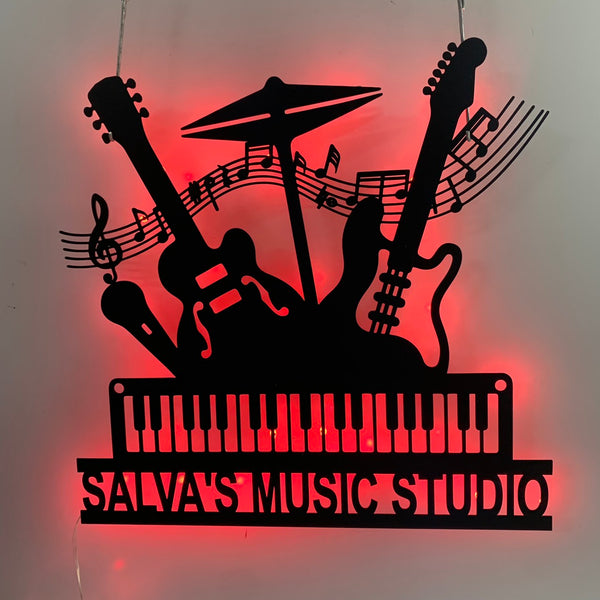 Custom Music Instrument Metal Sign With Led Lights, Music Band Metal Wall Decor, Personalized Music Studio Metal Sign, Guitar Drum Metal Wall Art