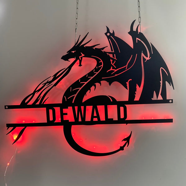 Personalized Dragon Metal Sign With Led Lights, Custom Monogram Dragon Wall Decor, Mythical Dragon Metal Wall Hanging, Dragon Name Metal Art