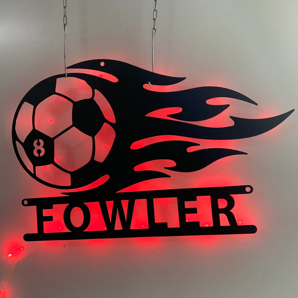 Personalized Flamed Soccer Ball Metal Wall Art Led Light, Custom Football Player Metal Name Sign, Soccer Team Football Club Metal Wall Led Sign