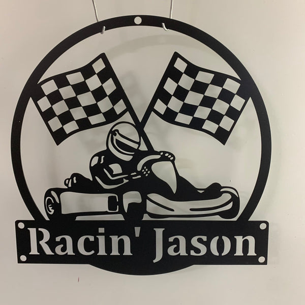 Personalized Go Kart Racing Metal Wall Art, Checkered Racing Car Metal Sign, Man Cave Garage Metal Wall Sign, Car Racing Metal Wall Hanging