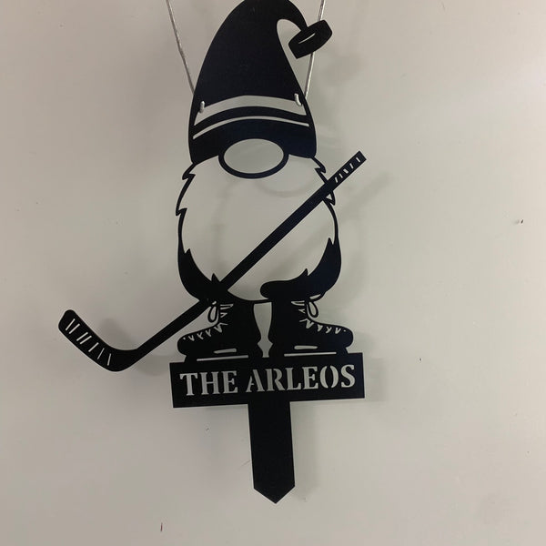 Custom Hockey Gnome Metal Garden Stake, Personalized Ice Hockey Sport Name Metal Yard Sign, Christmas Gnome Hockey Metal Stake