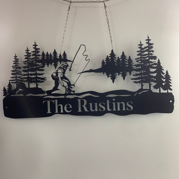 Custom Fishing Forest Lake House Metal Sign, Fishing Hole Metal Wall Art, Personalized Bass Fishing Metal Name Sign, Cabin Lake House Metal Sign