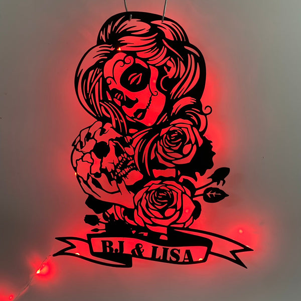 Custom Couple Sugar Skull Rose Ball Metal Wall Art Led Lights, Personalized Sugar Skull Metal Name Sign, Floral Skull Wall Led Sign