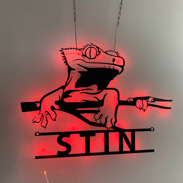 Custom Crested Gecko Metal Wall Art Led Light, Personalized Ledge Lizard Metal Name Sign, Crested Gecko Pet Animal Kid Room Metal Led Sign