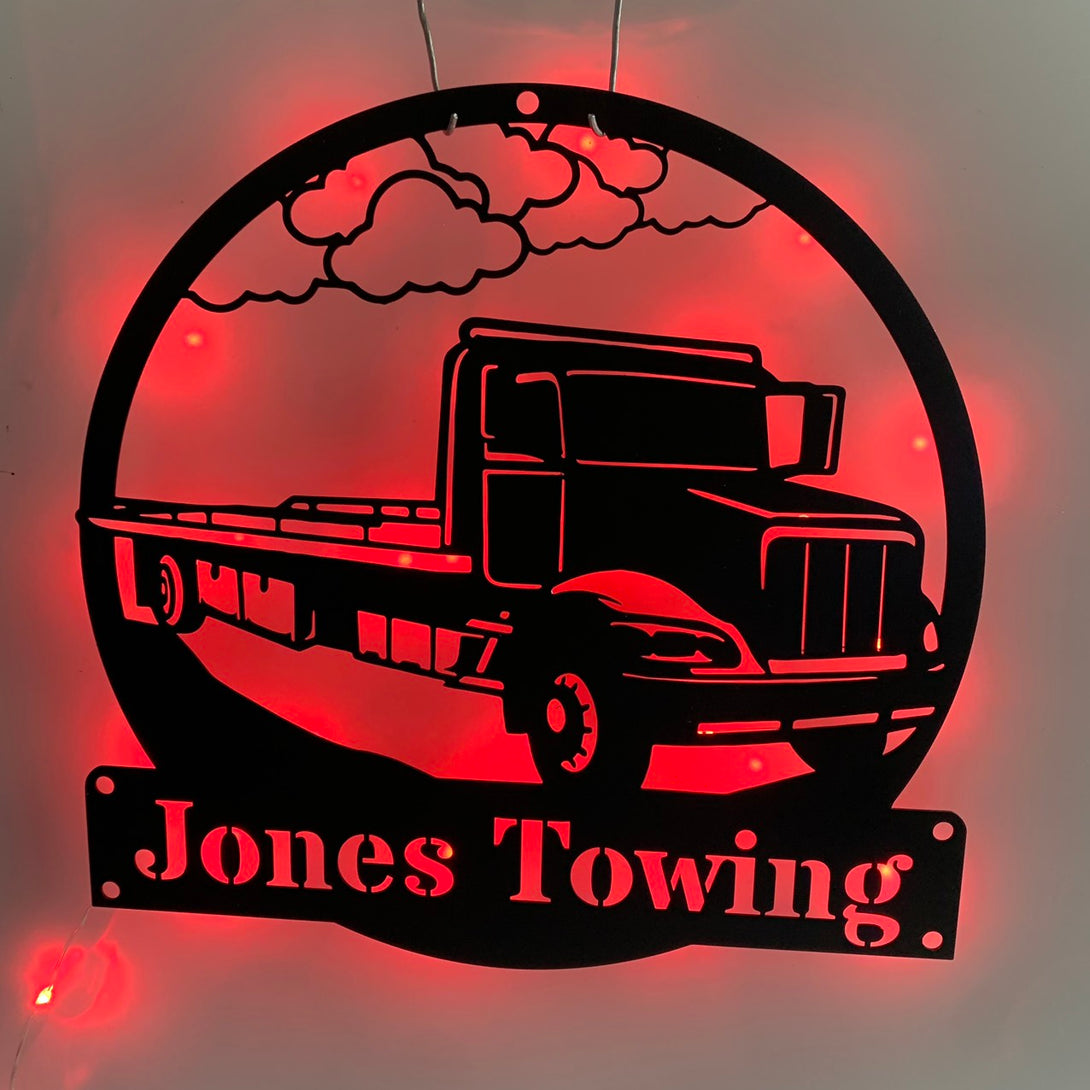 Personalized Bed Tow Truck Metal Wall Art Led Lights, Custom Truck Driver Metal Name Signs, Flatbed Truck Garage Metal Wall Led Sign Decor