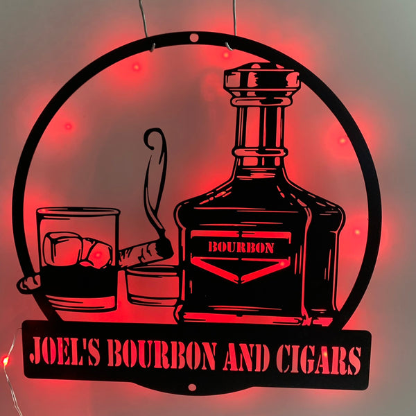 Custom Bourbon Cigar Smoking Metal Sign Led Light, Personalized Whiskey Smoke Metal Wall Art, Cocktail Bar Man Cave Home Bar Pub Metal Sign