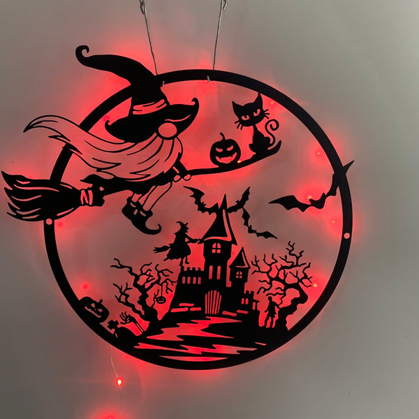 Witch And Haunted House Metal Wall Art With Led Light, Halloween Horror Night Metal Name Sign, Halloween Haunted House Metal Led Decor
