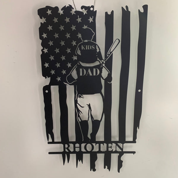 Personalized Us Flag Softball Player Metal Name Sign, Custom Father Son Daughter Baseball Metal Wall Art, Dad And Children Baseball Metal Sign
