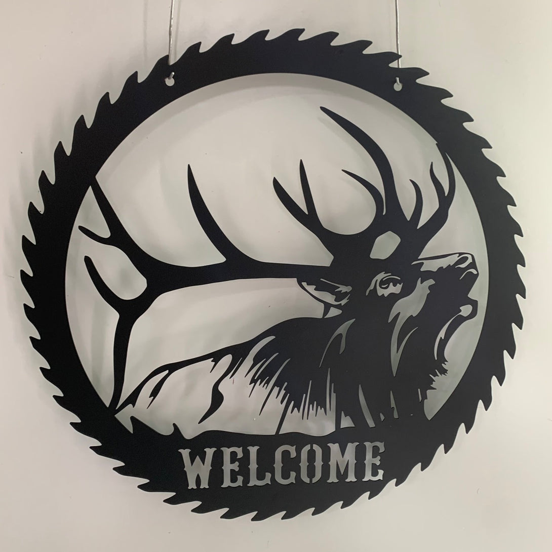 Custom Elk Sawblade Metal Sign Cutout, Personalized Wildlife Elk Metal Wall Art, Elk Bugling Within A Sawblade Border Metal Sign