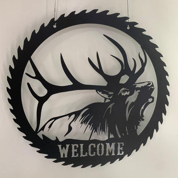 Custom Elk Sawblade Metal Sign Cutout, Personalized Wildlife Elk Metal Wall Art, Elk Bugling Within A Sawblade Border Metal Sign