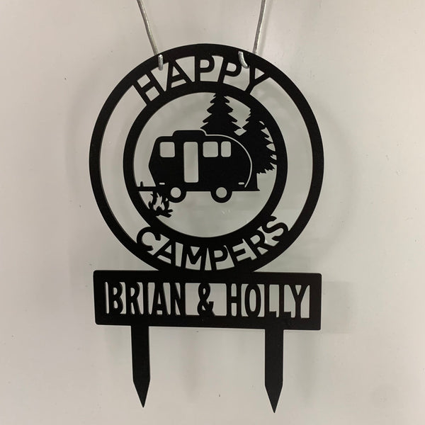 Custom Camping Van Metal Garden Stake, Travel Trailer Rv Happy Camper Metal Name Sign, Personalized Family Name Campsite Metal Stake