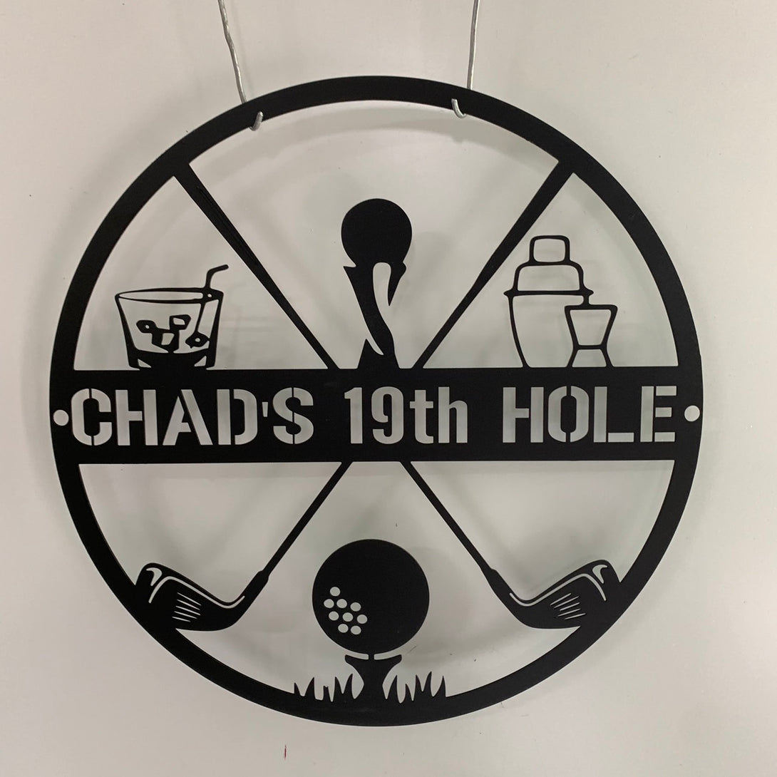 Custom Name Golfing Metal Sign, Personalized 19th Hole Golf Club Metal Decoration, Golf Ball And Golf Sticks Metal Wall Art Decor