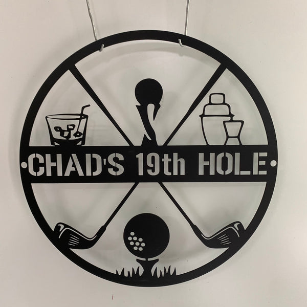 Custom Name Golfing Metal Sign, Personalized 19th Hole Golf Club Metal Decoration, Golf Ball And Golf Sticks Metal Wall Art Decor