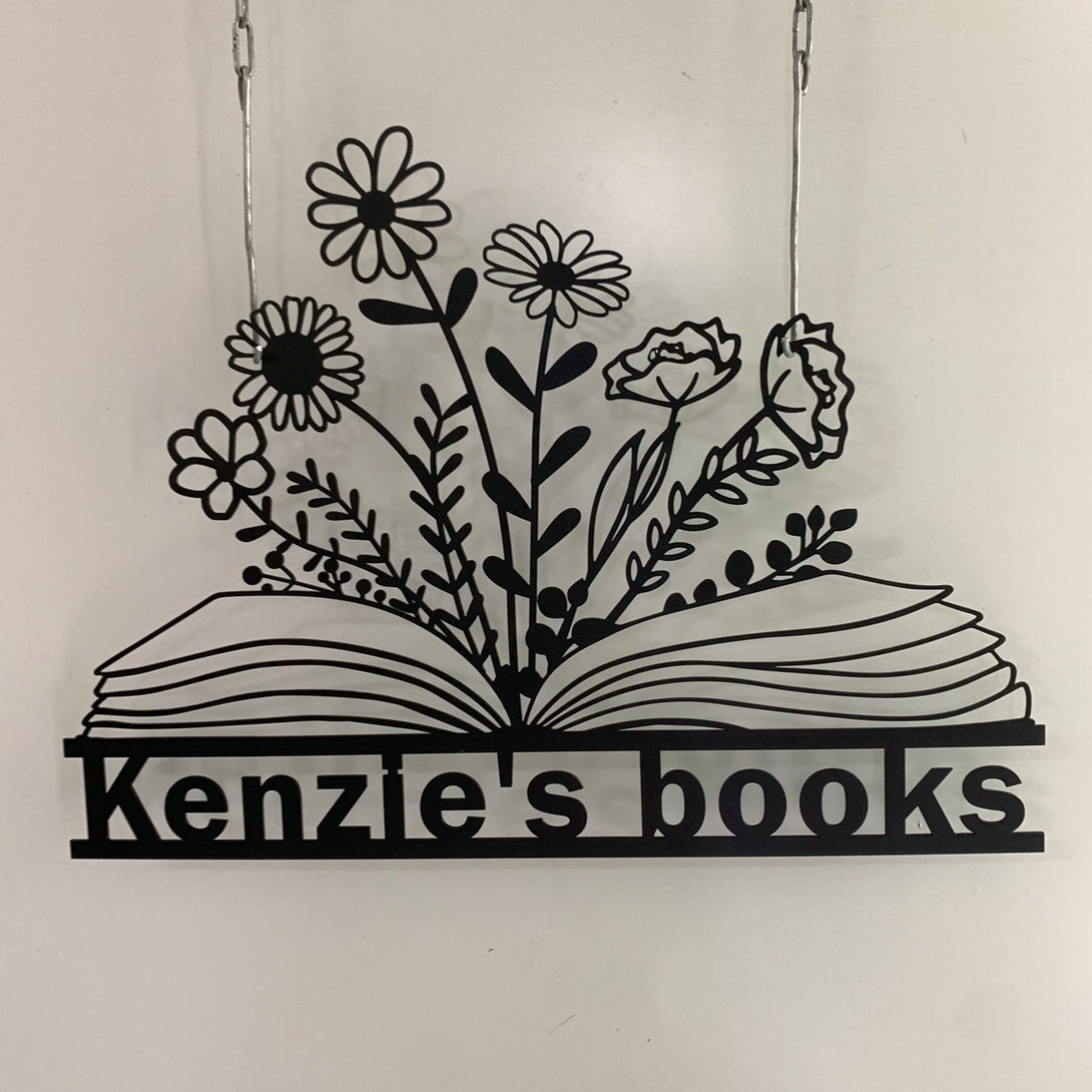 Custom Flowers Book Metal Wall Art, Personalized Book Nook Metal Name Sign, Book With Flowers Metal Sign, Book Lover Study Room Metal Wall Decor