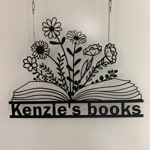 Custom Flowers Book Metal Wall Art, Personalized Book Nook Metal Name Sign, Book With Flowers Metal Sign, Book Lover Study Room Metal Wall Decor