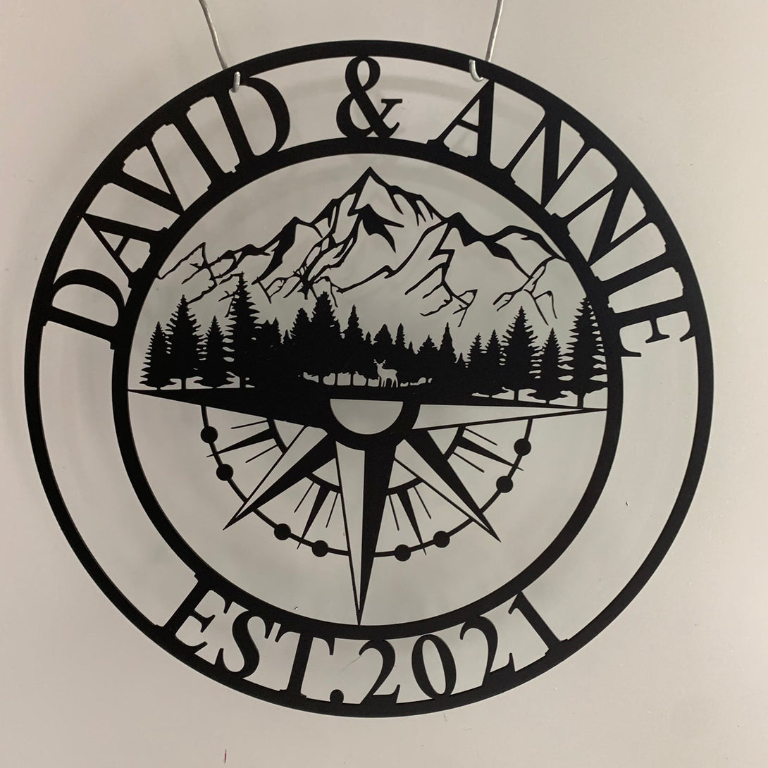 Custom Mountain Compass Coordinates Metal Sign, Forest Mountain Compass Monogram Metal Sign, Nautical Compass Rose Metal Wall Art