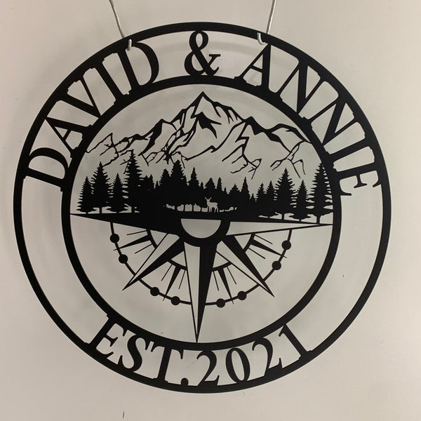 Custom Mountain Compass Coordinates Metal Sign, Forest Mountain Compass Monogram Metal Sign, Nautical Compass Rose Metal Wall Art