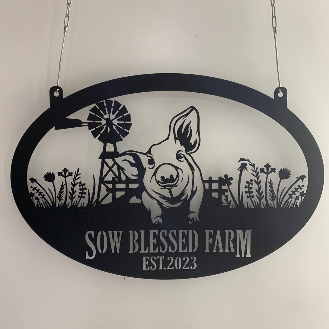 Custom Pig Farmhouse Metal Sign, Pig Windmill Farm Metal Wall Art, Personalized Cattle Pig Metal Farm Sign, Farm Animal Pig Monogram Metal Sign