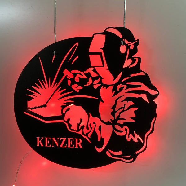Custom Ironworker Welding Metal Wall Art With Led Lights, Personalized Welder Metal Name Signs, Welding Workshop Metal Wall Led Sign Decor