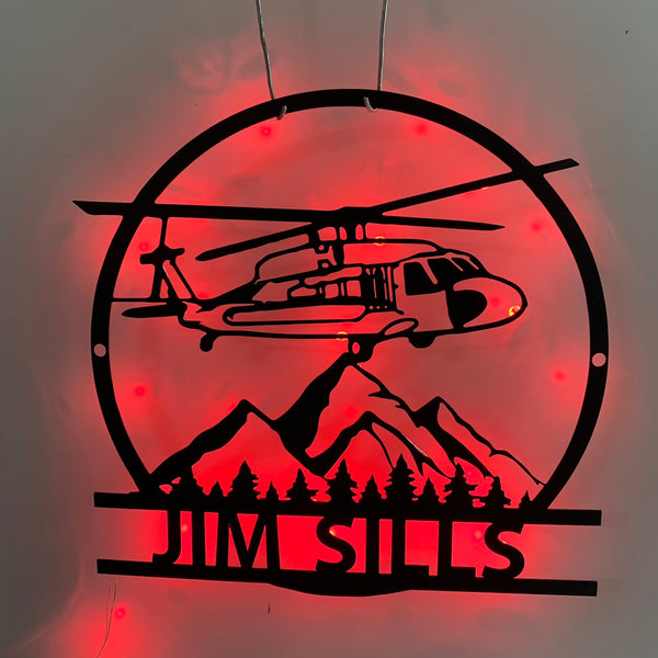Custom Helicopter Metal Wall Art Led Light, Personalized Pilot Metal Name Sign, Blackhawk Helicopter Metal Sign, Helicopter Hangar Man Cave Sign
