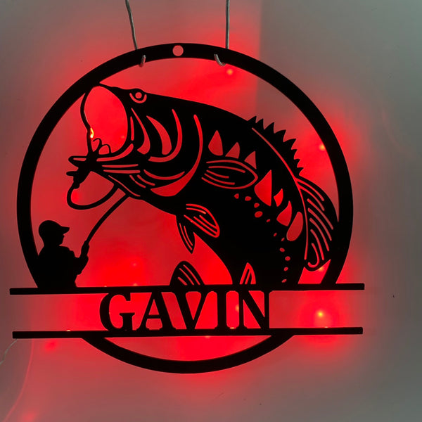 Custom Bass Fishing Metal Wall Art With Led Light, Personalized Fisherman Metal Name Sign, Large Mouth Bass Fish Lakehouske Metal Led Sign