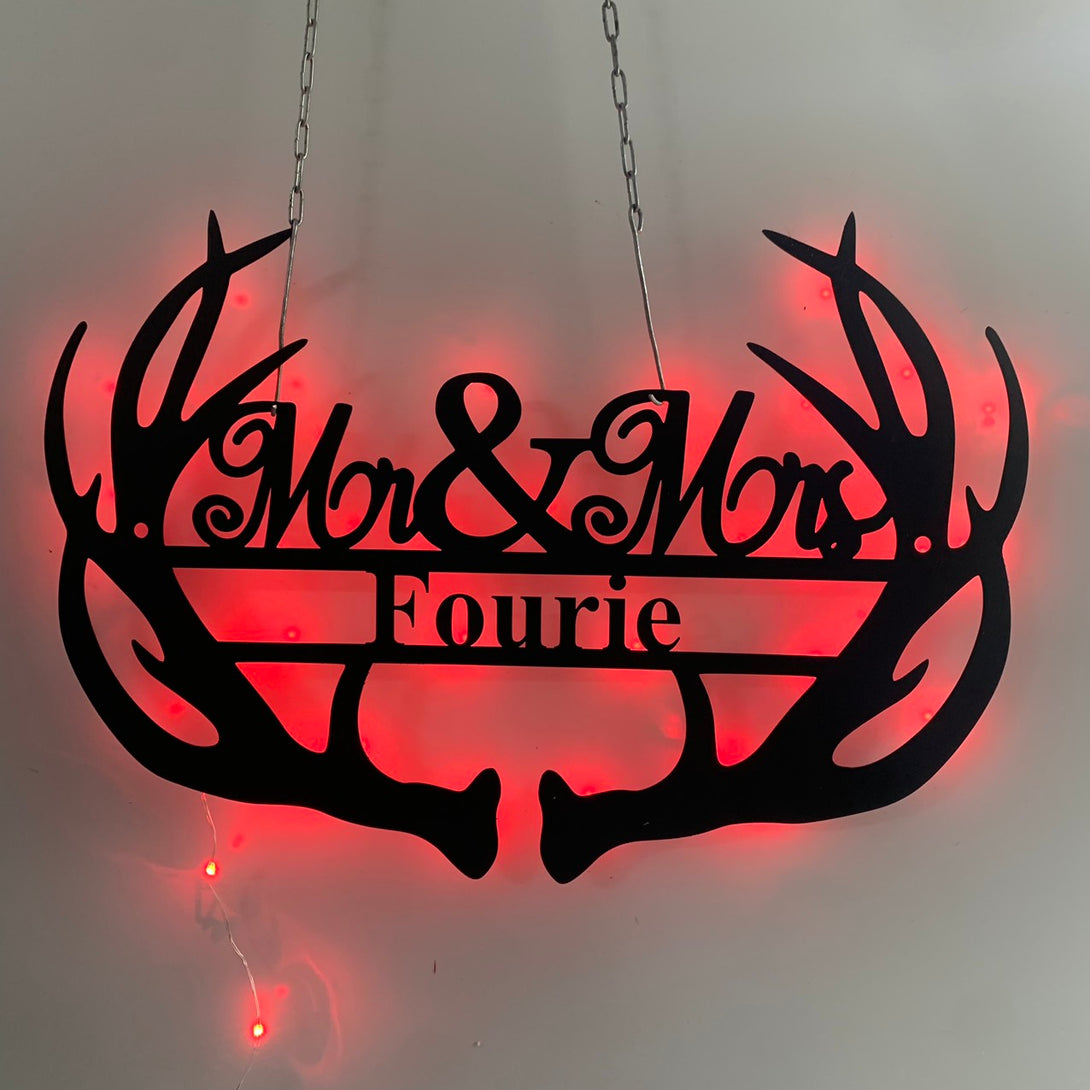 Custom Deer Antler Metal Wall Art With Led Lights, Personalized Antler Famliy Name Monogram Metal Sign, Metal Antler Hunting Man Cave Wall Led Decor