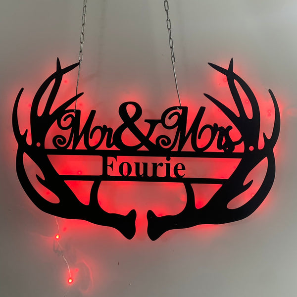 Custom Deer Antler Metal Wall Art With Led Lights, Personalized Antler Famliy Name Monogram Metal Sign, Metal Antler Hunting Man Cave Wall Led Decor