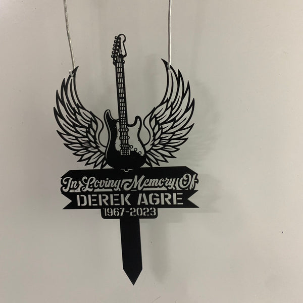 Custom Guitar With Angel Wings Memorial Stake, Personalized Guitarist Metal Garden Stake, Remembrance Yard Sign, Guitar Memorial Cross Stake