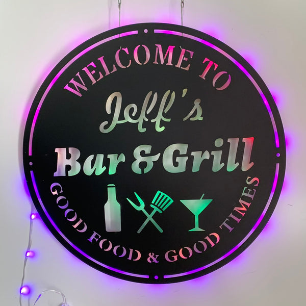 Personalized Bar & Grill Metal Wall Art With Led Lights, Custoom Patio Backyard Metal Name Sign, Bar & Bbq Grill Poolside Metal Led Sign