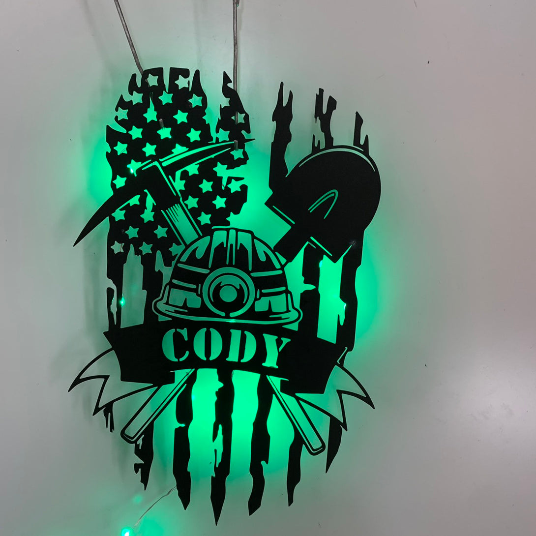 Custom Coal Mining Us Flag Metal Wall Art Led Light, Personalized Coal Miner Metal Name Sign, Us Flag Mining Man Cave Metal Wall Led Decor