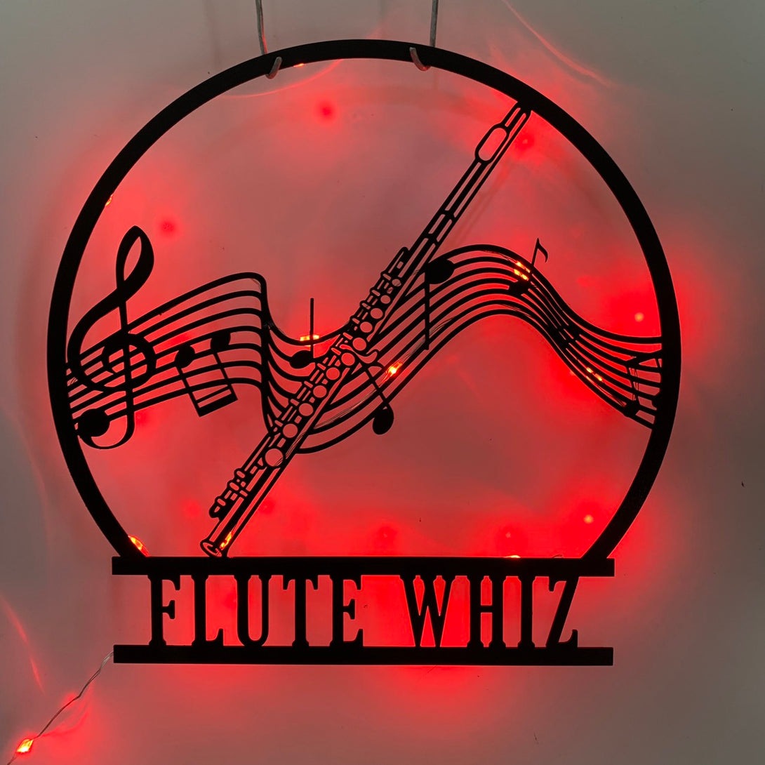 Personalized Flute Metal Wall Art Led Lights, Flute Musical Instrument Metal Sign, Flute Player Name Sign, Flute Music Studio Metal Wall Decor