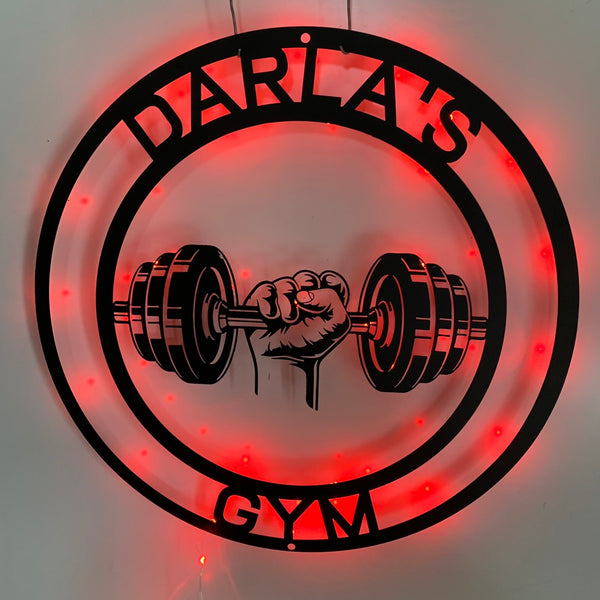 Custom Dumbell Gym Metal Wall Art With Led Lights, Gym Sport Room Metal Wall Led Sign, Personalized Dumbbell Fitness Metal Name Sign