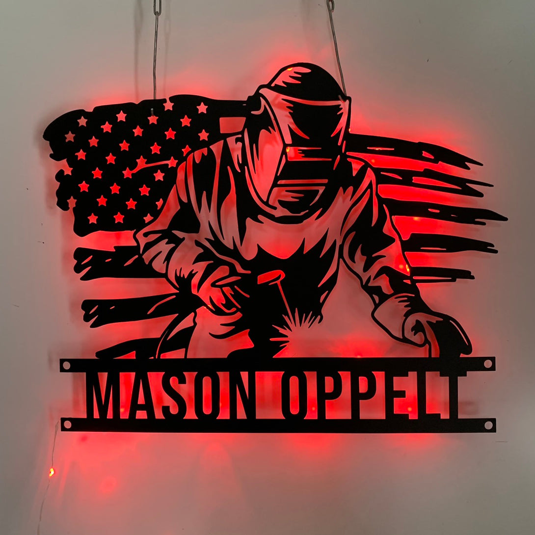 Personalized Us Ironworker Welding Metal Wall Art Led Light, Custom Welder Metal Name Sign, Us Flag Welding Workshop Metal Wall Sign