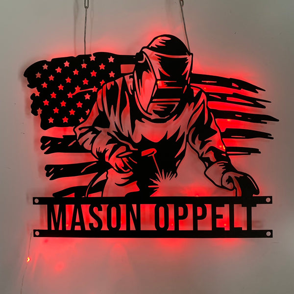 Personalized Us Ironworker Welding Metal Wall Art Led Light, Custom Welder Metal Name Sign, Us Flag Welding Workshop Metal Wall Sign