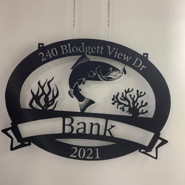 Custom Fishing Monogram Metal Sign, Fishing Hole Metal Wall Art, Personalized Fishing Metal Name Sign, Custom Address Cabin Lake House Metal Sign